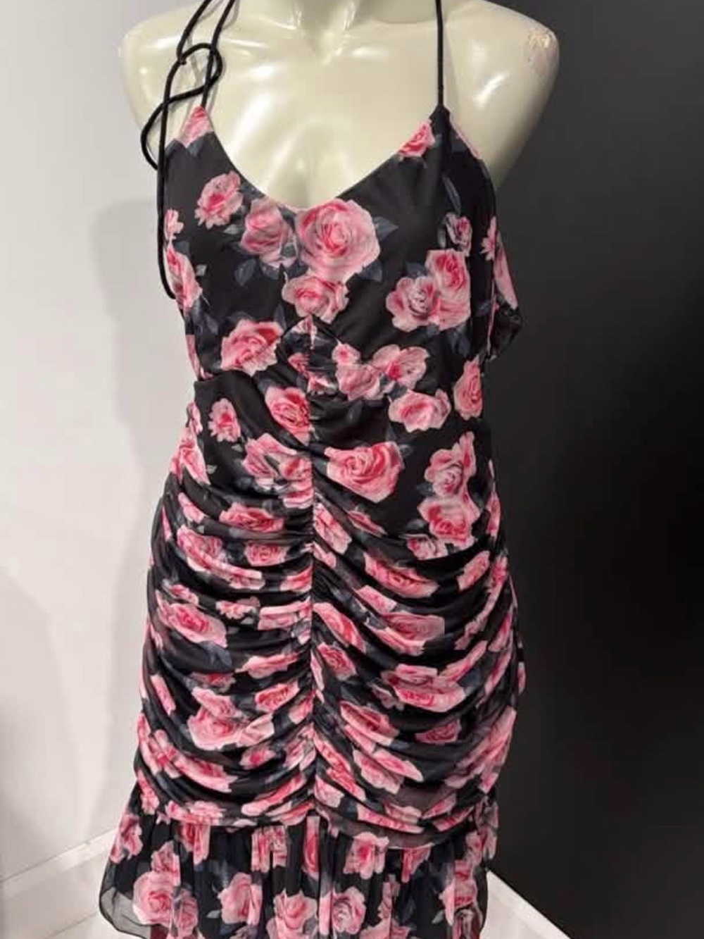 Black Floral Ruched Slip Dress with Pink Roses
